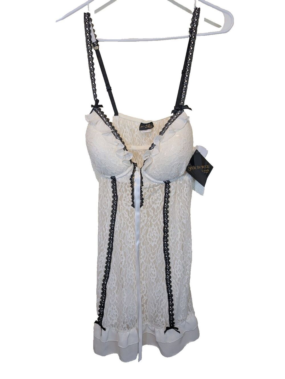 Cinema Etoile Seductive Wear Winter White Floral Lace Nylon Babydoll Sheer Large